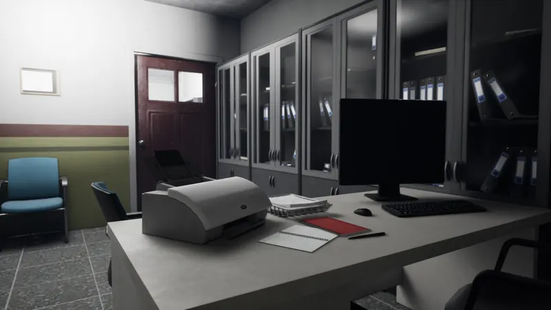 The night archive: scanning desk, terminal and glass cabinets full of patient files