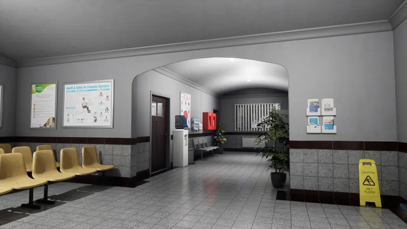 Arched hospital corridor with a single lamp in the distance