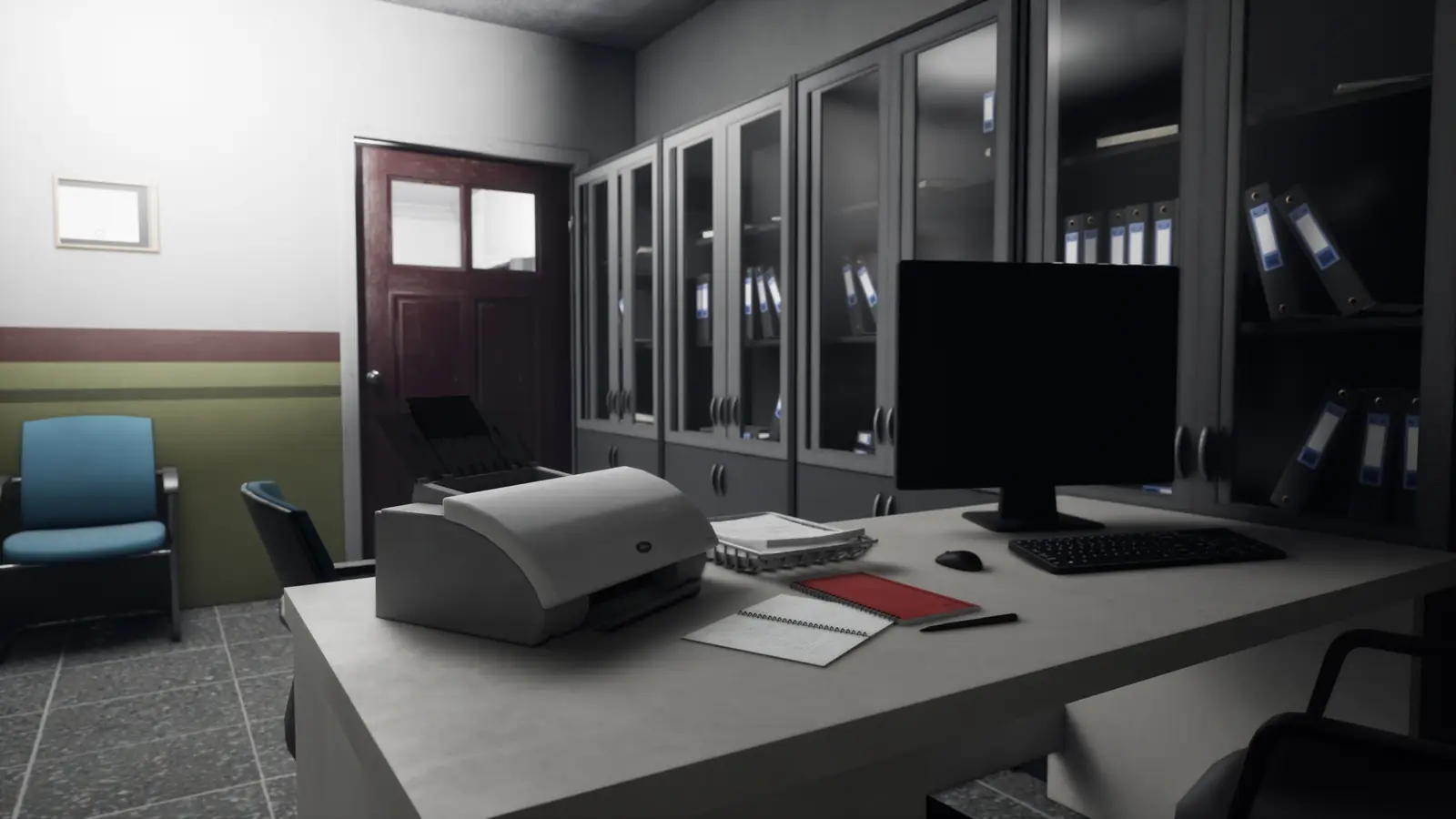 NightRecord: Duty — the hospital night archive, with a scanning desk and cabinets full of patient files