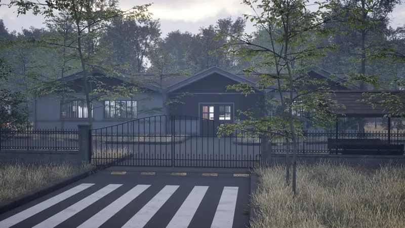 Crosswalk leading to the hospital entrance and the closed front gate