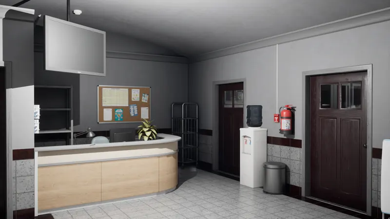 Empty hospital reception with a noticeboard and water cooler
