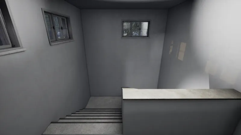 Stairwell landing with narrow windows