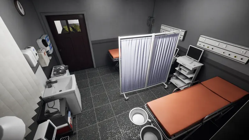 Treatment room with two gurneys separated by a curtain and medical equipment