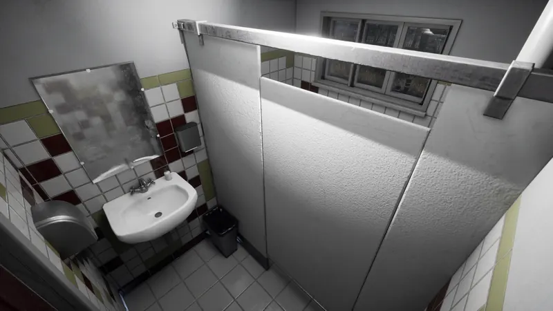 Tiled hospital washroom with a stained mirror