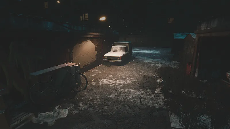 NightRecord: Thin Walls — apartment courtyard at night under snow